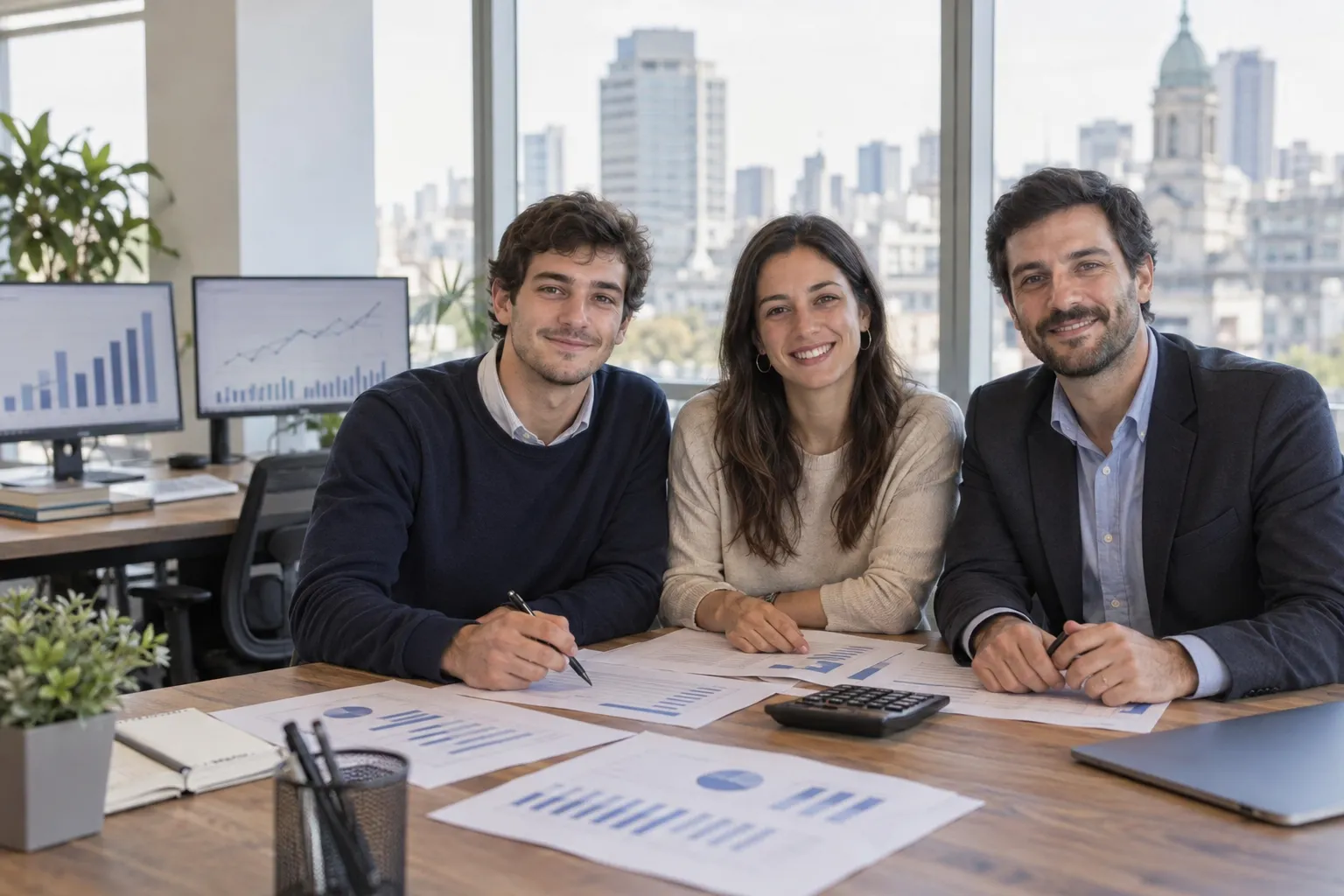 Tres analistas financieros sonríen a cámara en un escritorio con reportes impresos y una calculadora; detrás, monitores con gráficos y ventanales con vista a la ciudad