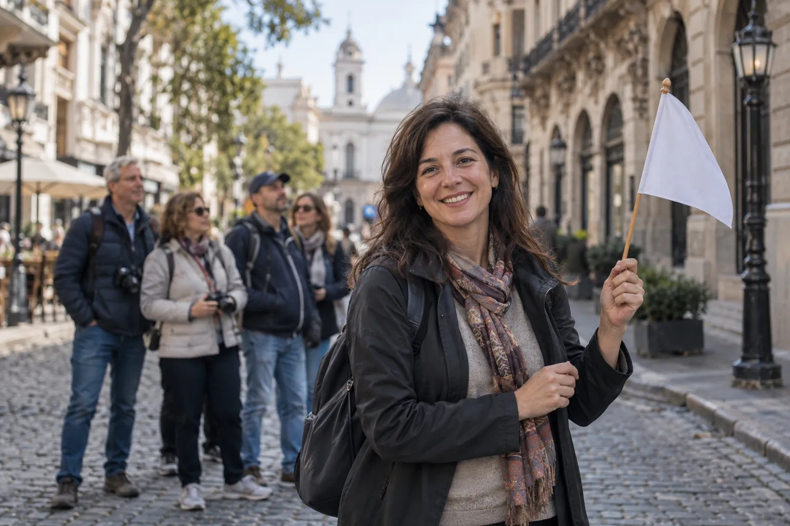 Guía de turismo de unos 40 años sonríe a cámara con una banderita blanca en alto en una calle empedrada del casco histórico; detrás, un grupo de turistas