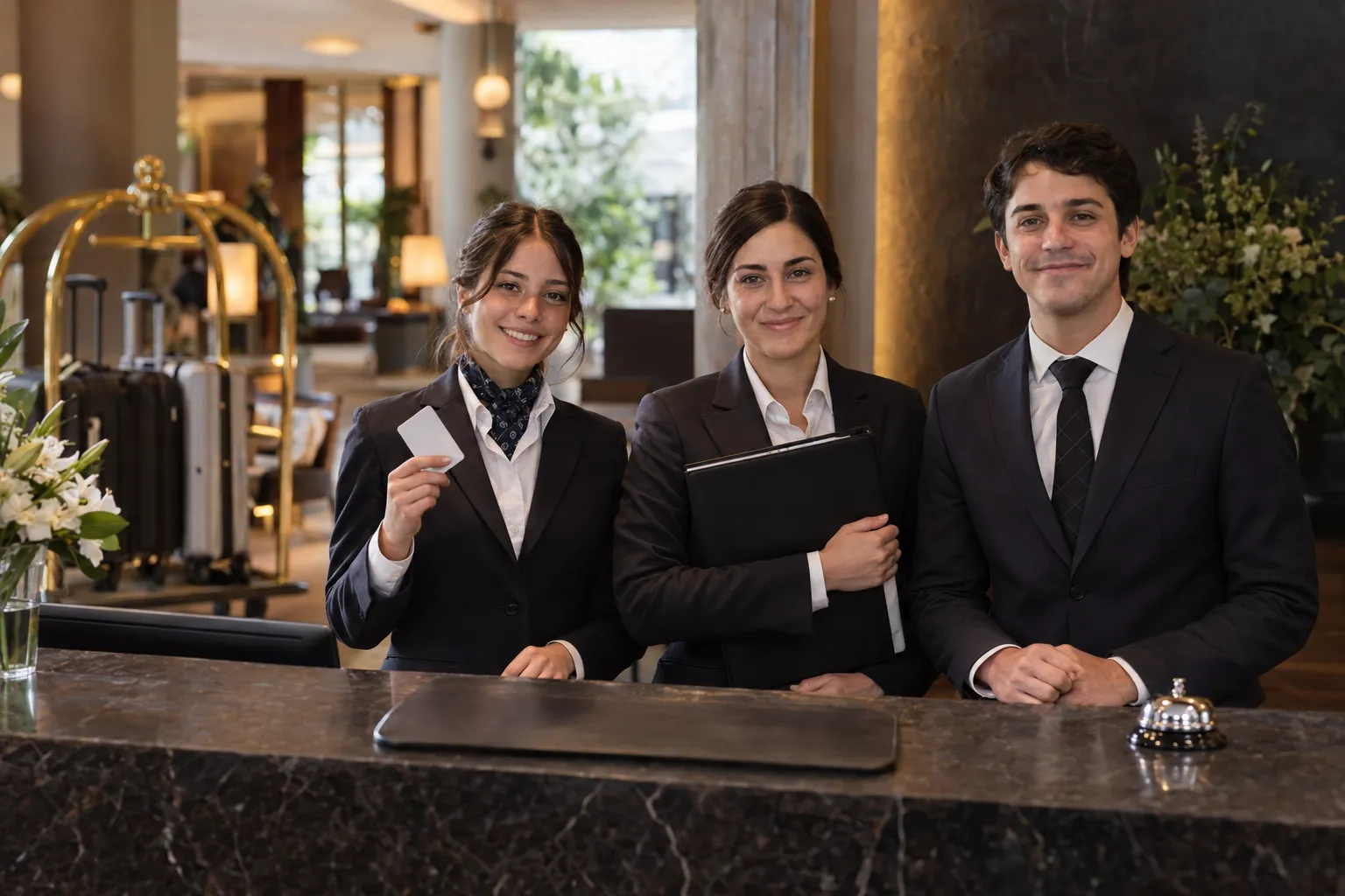 Tres recepcionistas con uniforme sonríen a cámara detrás del mostrador de un hotel, con una tarjeta-llave y una carpeta; detrás, el lobby y un carro portaequipajes