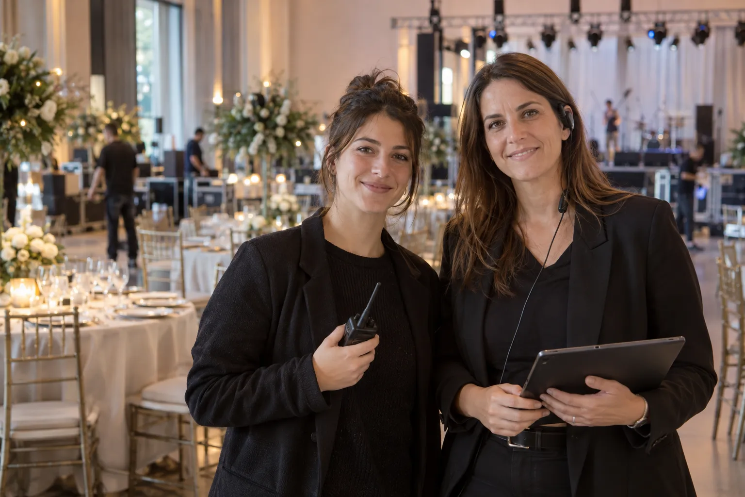 Dos organizadoras de eventos sonríen a cámara con un handy y una tablet en un salón de fiestas con las mesas vestidas y un escenario