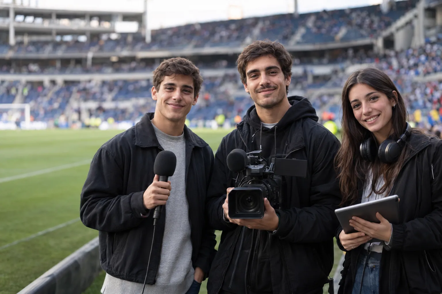 Tres periodistas deportivos jóvenes sonríen a cámara al borde de la cancha de un estadio: uno con micrófono, otro con una cámara de video y una periodista con tablet y auriculares