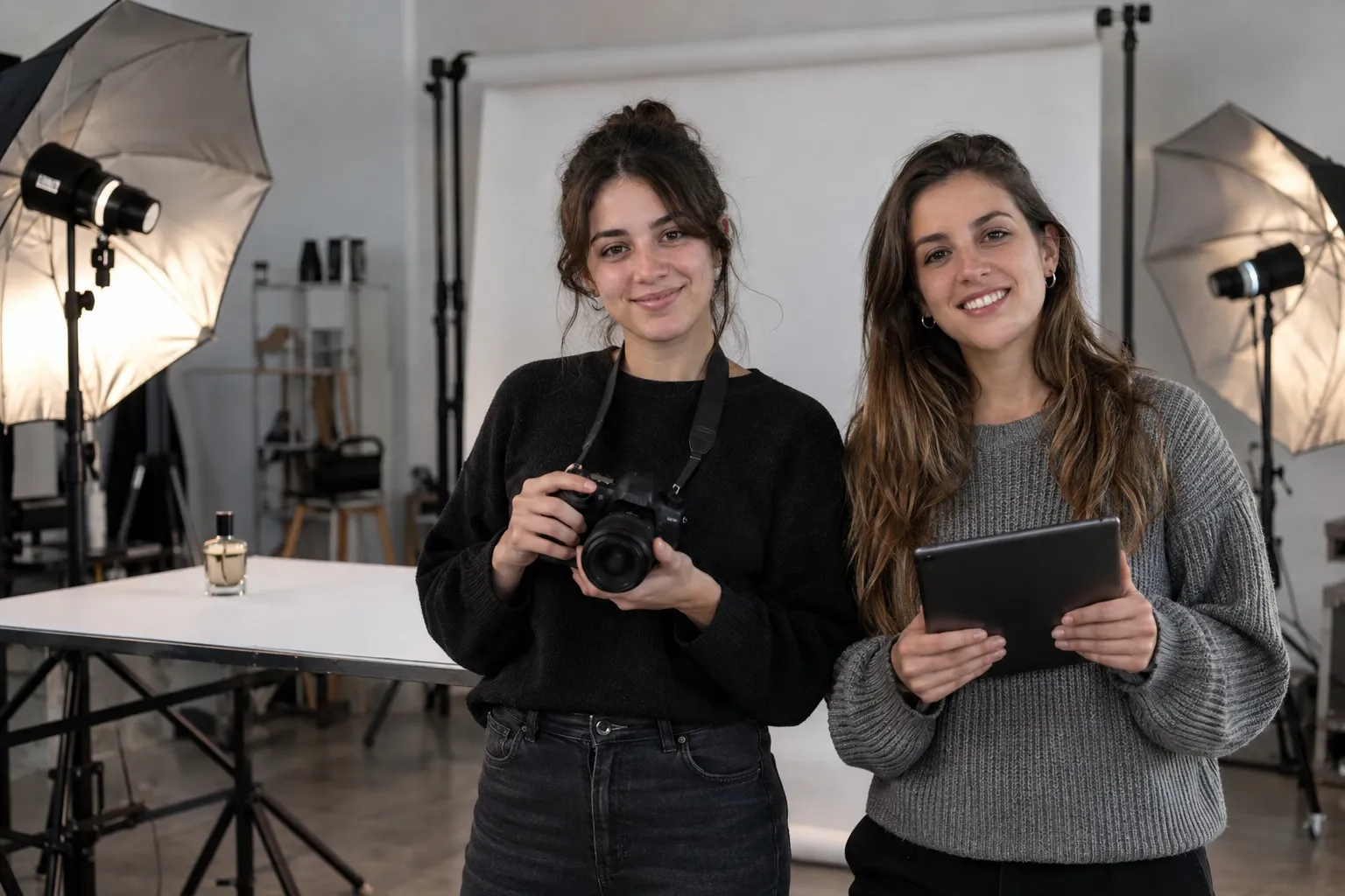 Dos creativas publicitarias jóvenes sonríen a cámara en un estudio de fotografía, una con una cámara y la otra con una tablet; detrás, flashes y un fondo de papel