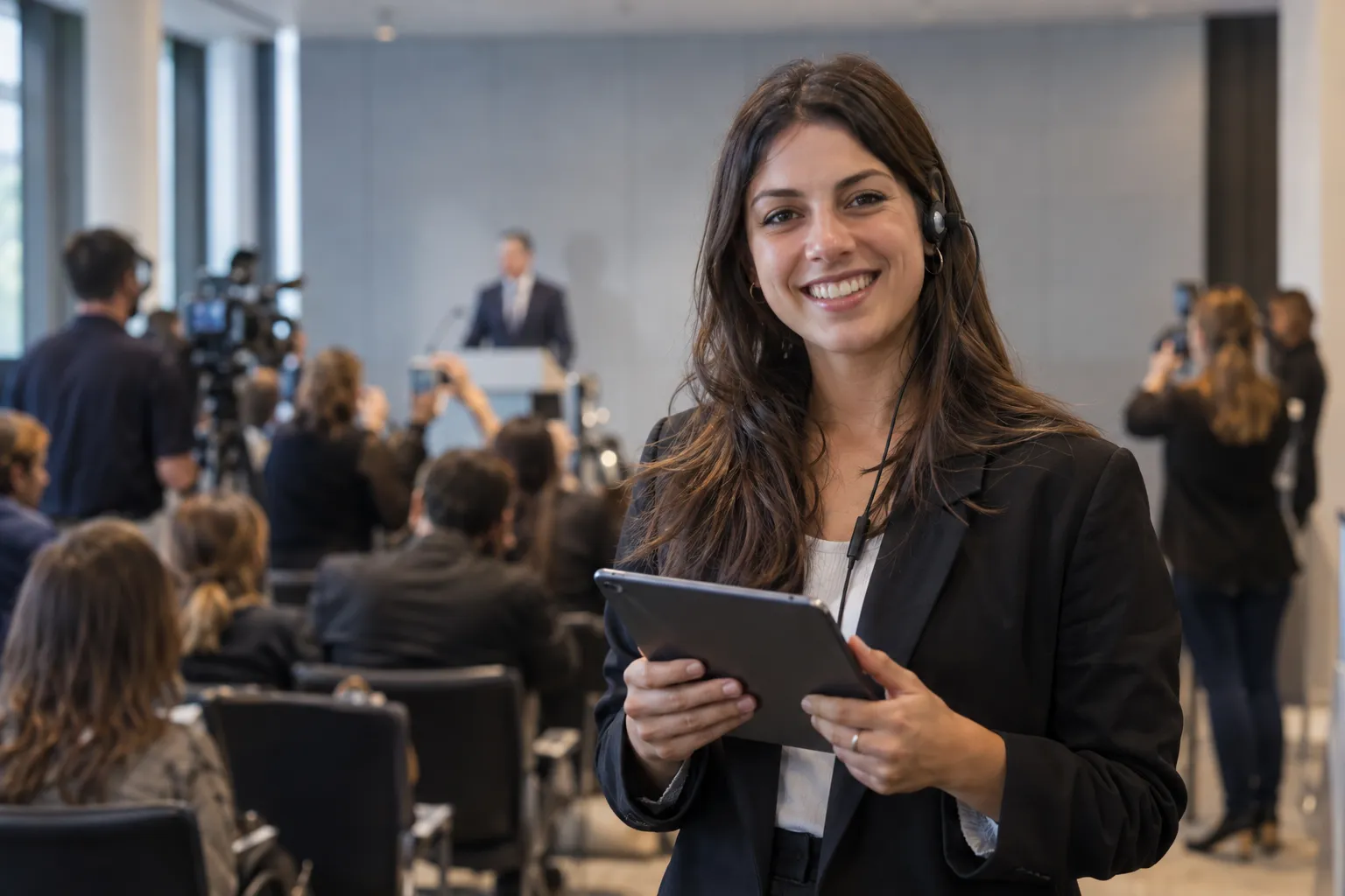 Profesional de relaciones públicas sonríe a cámara con una tablet y un auricular de coordinación en una conferencia de prensa; detrás, periodistas y cámaras frente a un atril