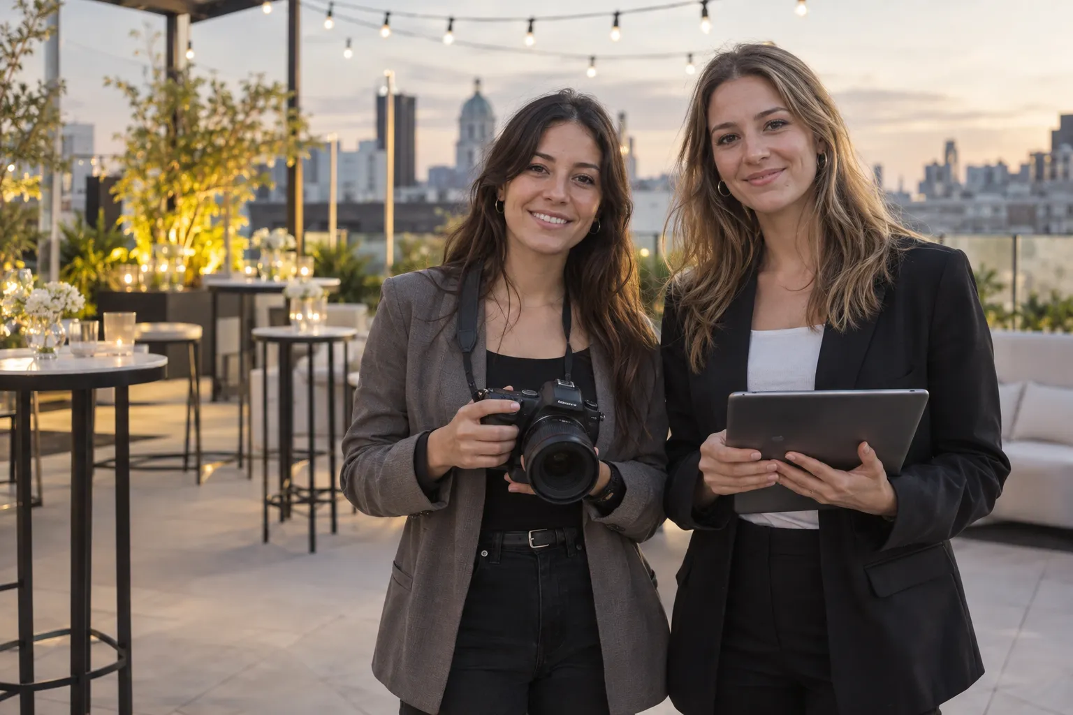 Dos profesionales de relaciones públicas y publicidad sonríen a cámara con una cámara de fotos y una tablet en una terraza preparada para el lanzamiento de una marca, con luces colgantes y mesas de cóctel