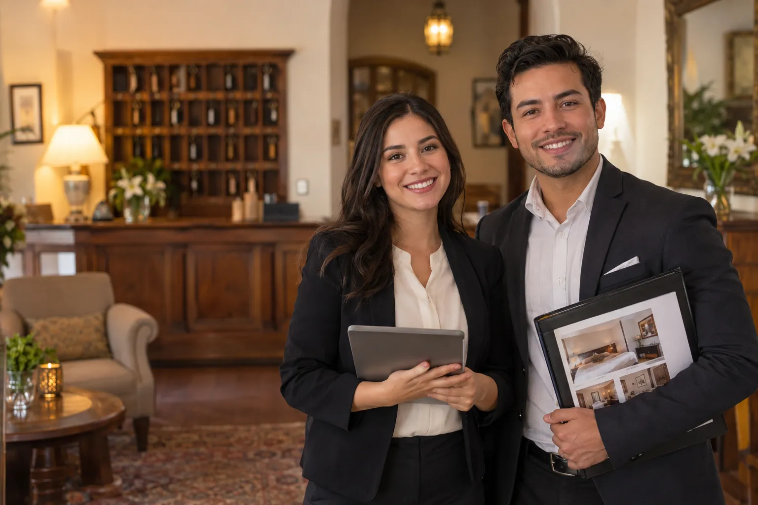 Una mujer con una tablet y un hombre con una carpeta de fotos de habitaciones sonríen a cámara en el lobby de un hotel pequeño