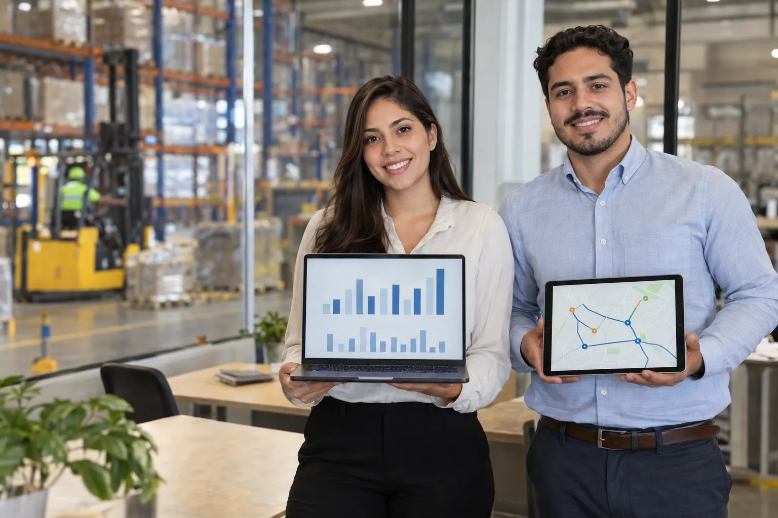 Dos analistas de datos sonríen a cámara en un centro de distribución: ella muestra una notebook con gráficos de barras y él una tablet con un mapa de rutas