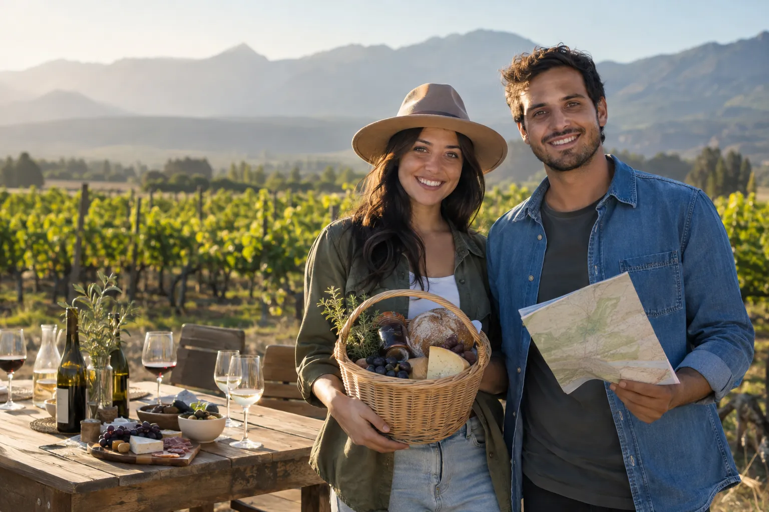 Una mujer con una canasta de productos regionales y un hombre con un mapa sonríen a cámara junto a una mesa de degustación, frente a un viñedo