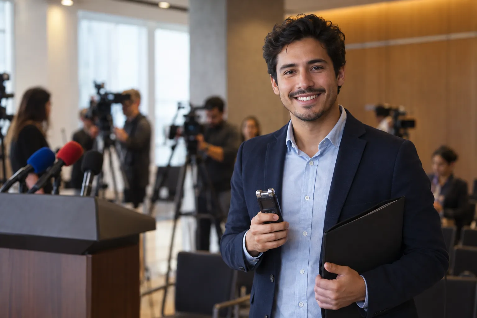 Jefe de prensa sonríe a cámara en una sala de conferencias de prensa, con una carpeta y un grabador; detrás, un atril con micrófonos y camarógrafos