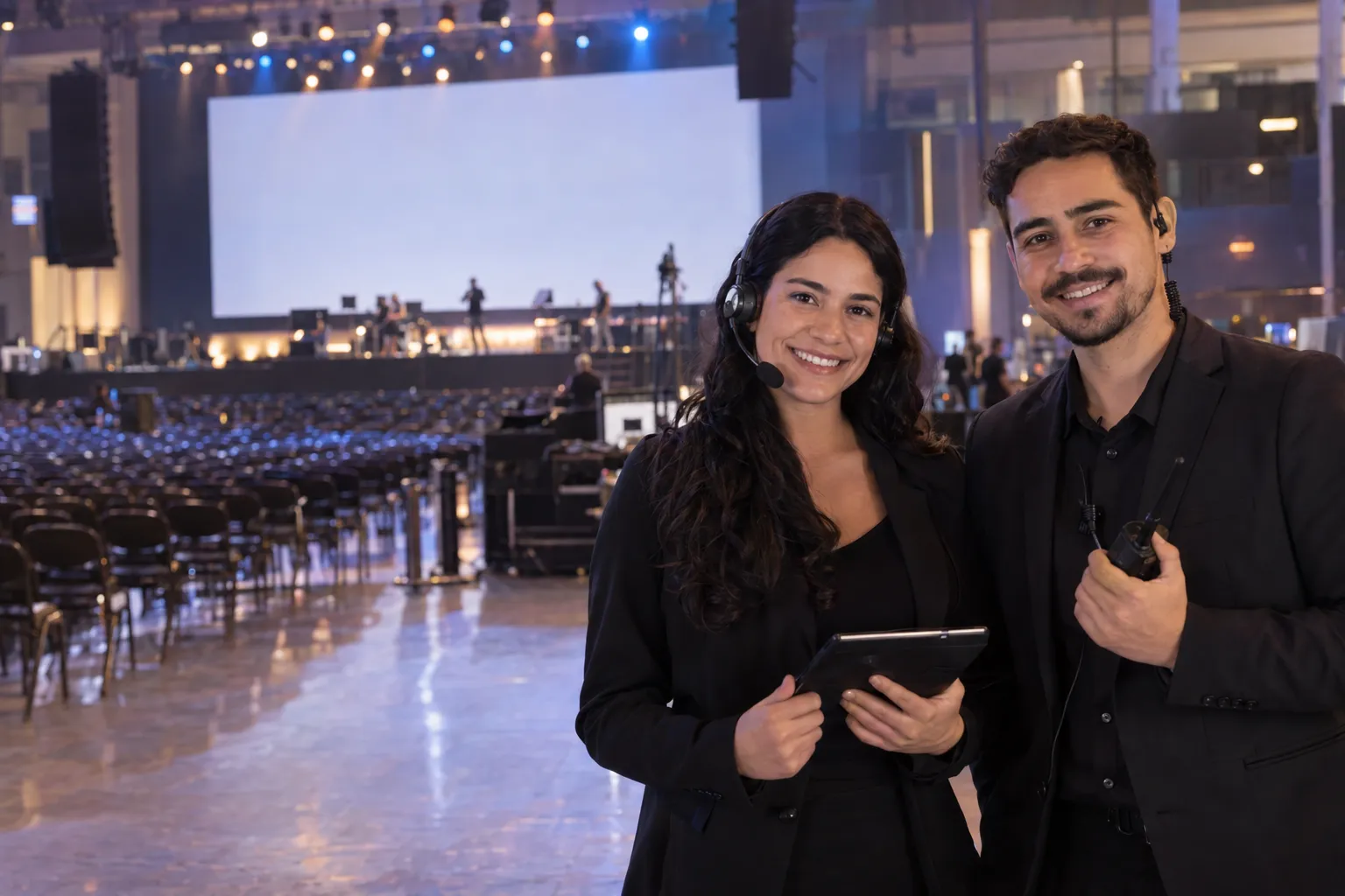 Dos organizadores de eventos corporativos, con auricular de coordinación, sonríen a cámara en el auditorio de una convención, con una tablet y un handy