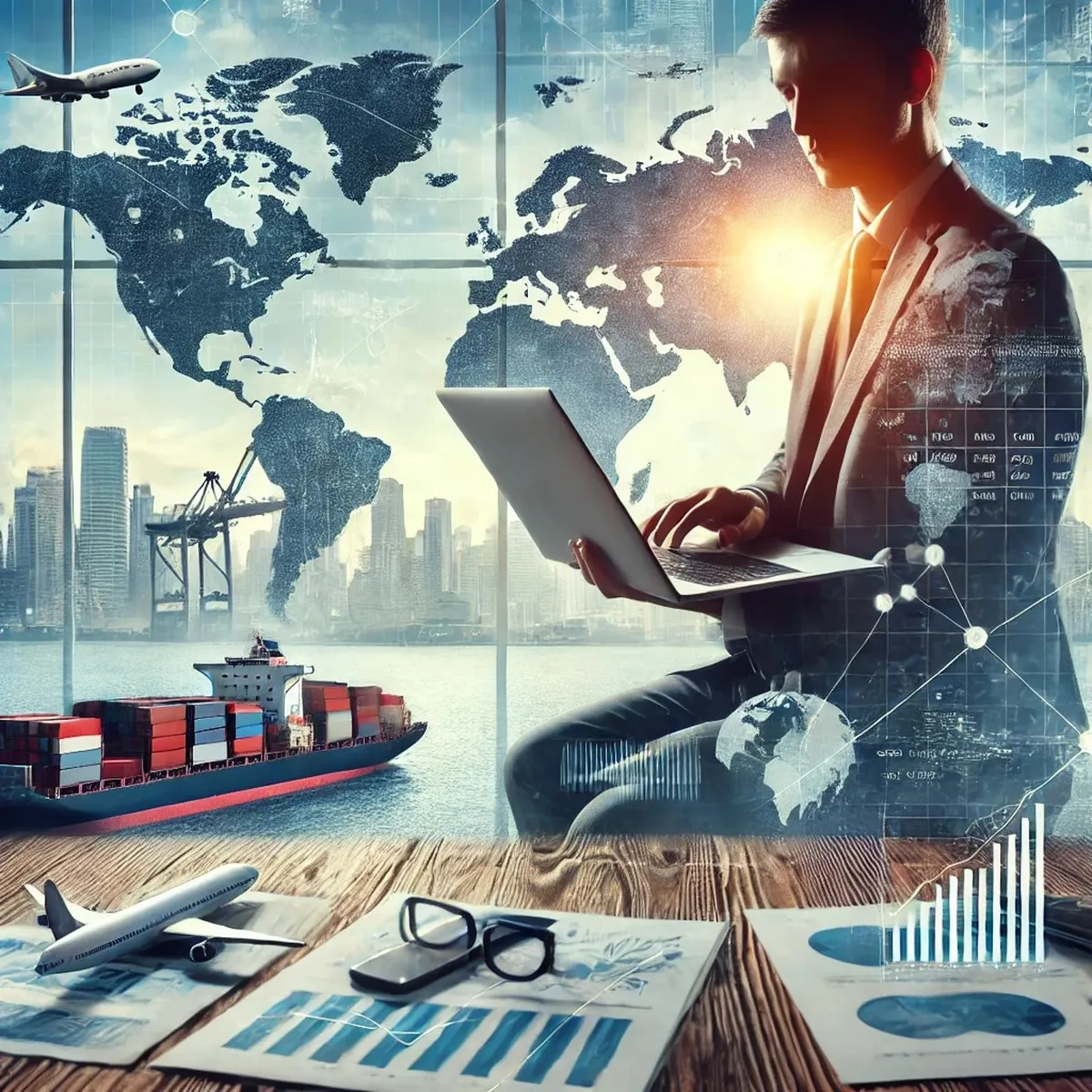 Profesional de comercio internacional con una notebook sobre un mapa del mundo, un buque de carga y un avión