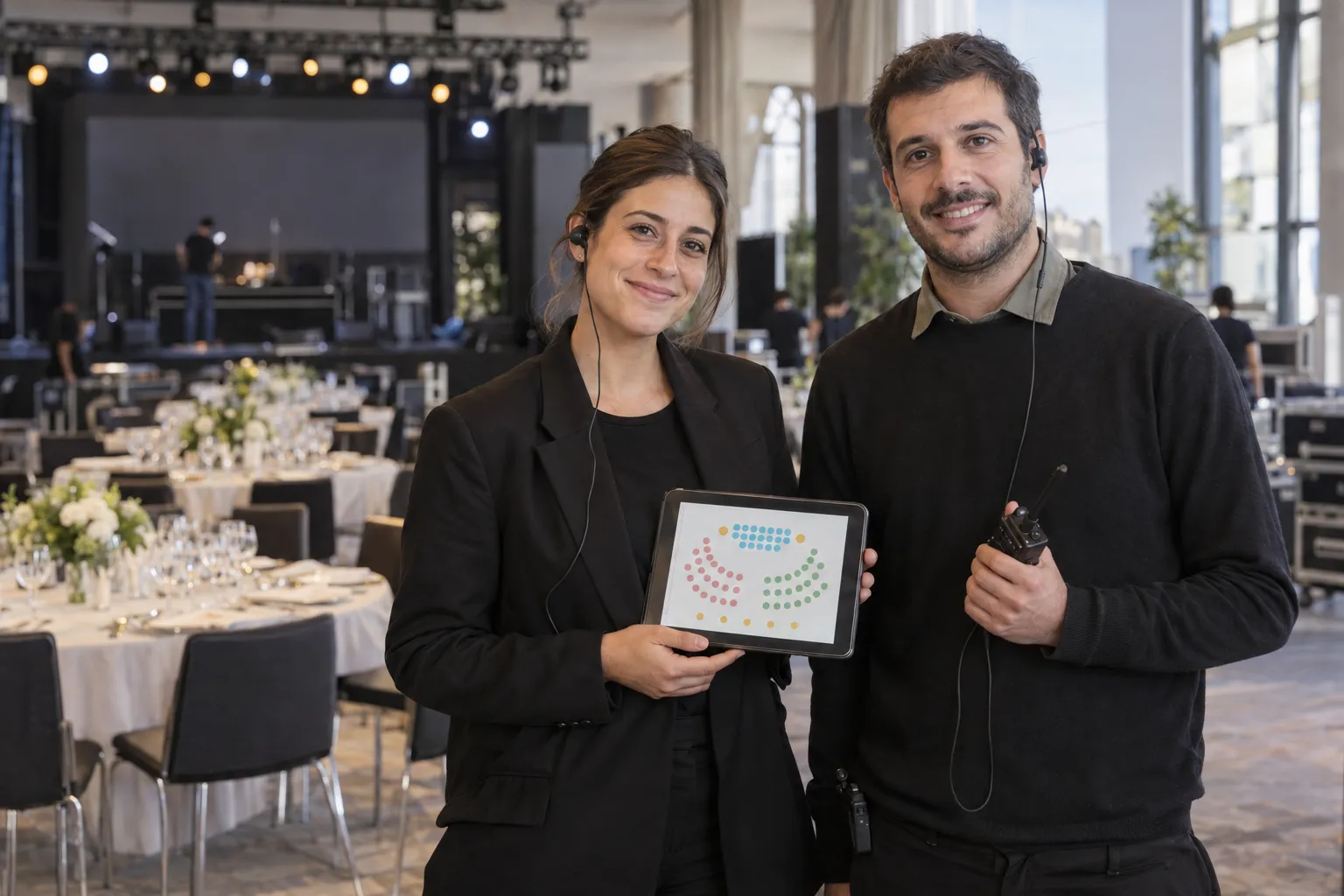 Organizadores de eventos con auricular de coordinación, una tablet con el plano de mesas y un handy en un salón en pleno armado