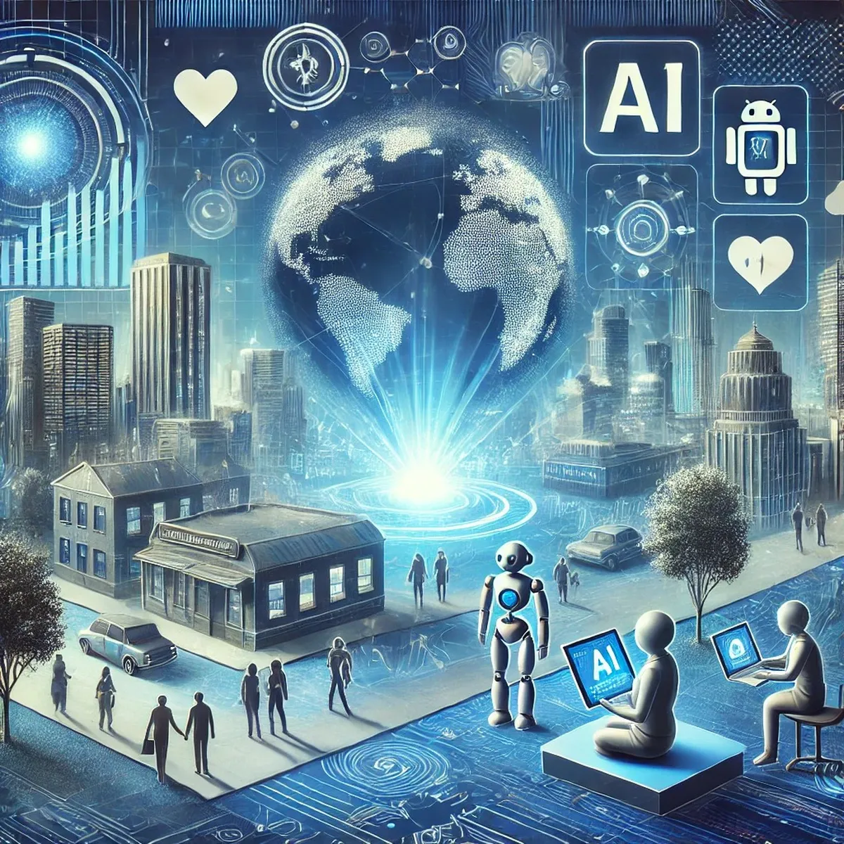 Ilustración de una ciudad atravesada por redes de inteligencia artificial, con robots y personas