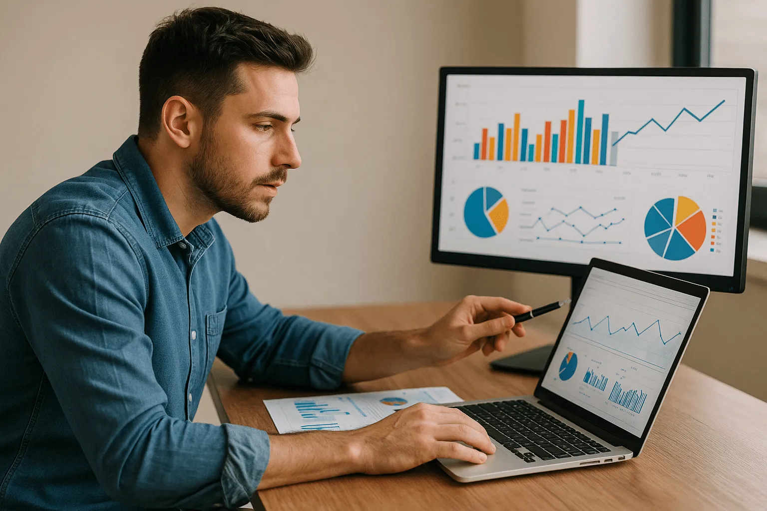 Analista de marketing digital revisa gráficos de datos y analítica web en su monitor y su notebook