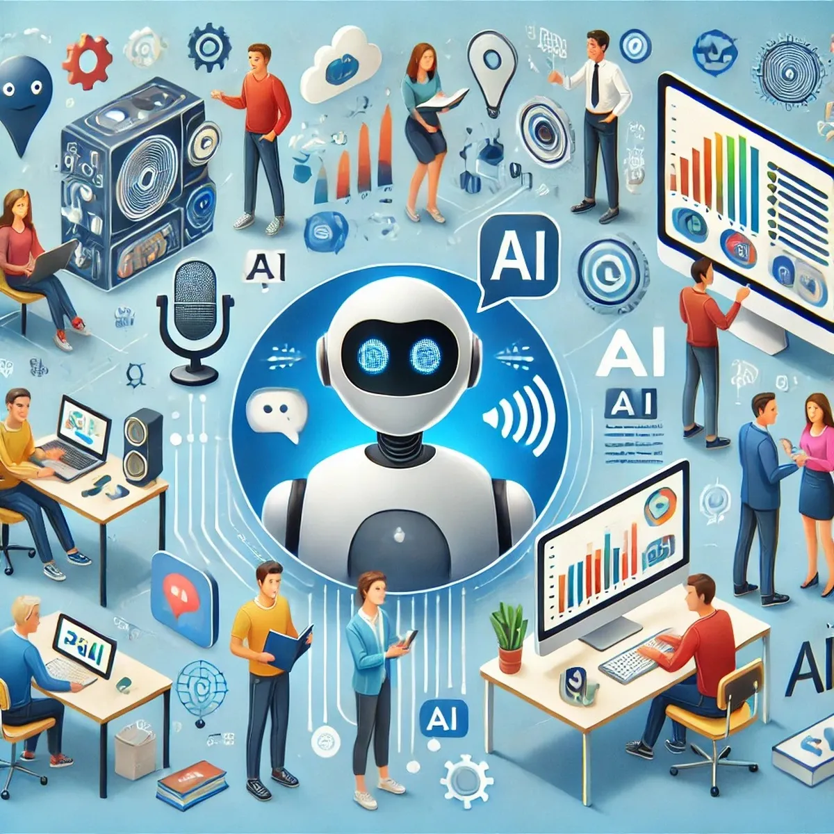 Ilustración de un robot asistente rodeado de personas que usan inteligencia artificial en el trabajo y el estudio