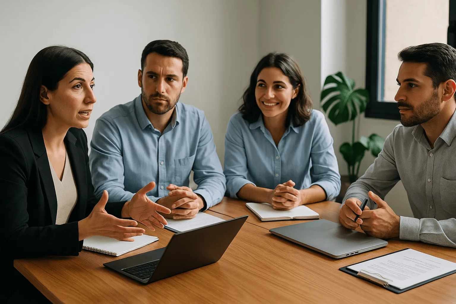 Equipo de recursos humanos dialoga en una reunión alrededor de una mesa con notebooks