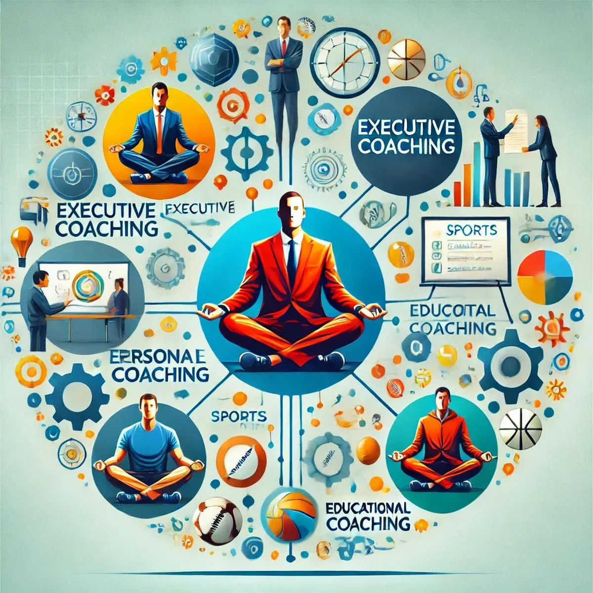 Ilustración con distintos tipos de coaching: ejecutivo, personal, deportivo y educativo