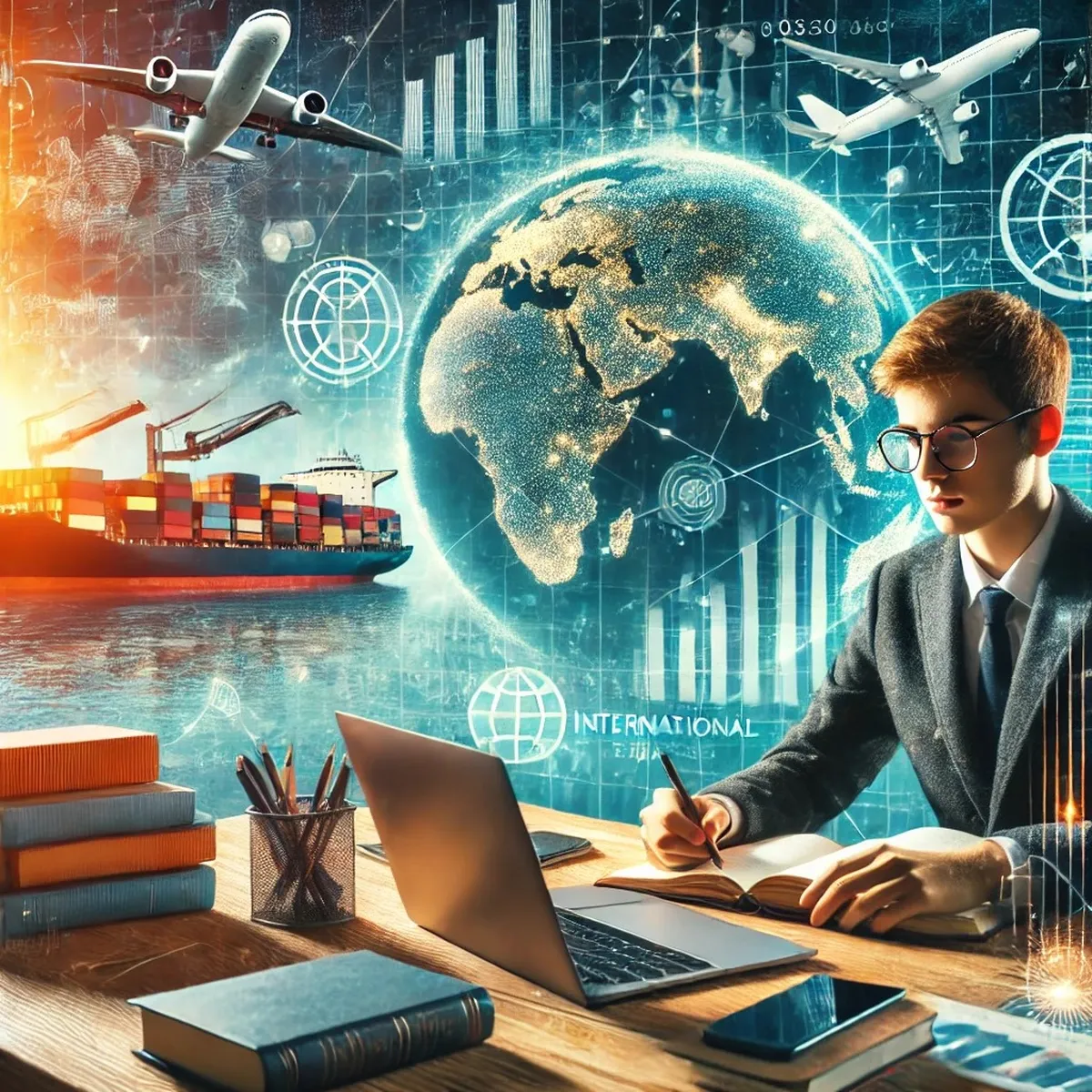 Estudiante de comercio internacional con una notebook frente a un globo terráqueo, un buque y un avión de carga