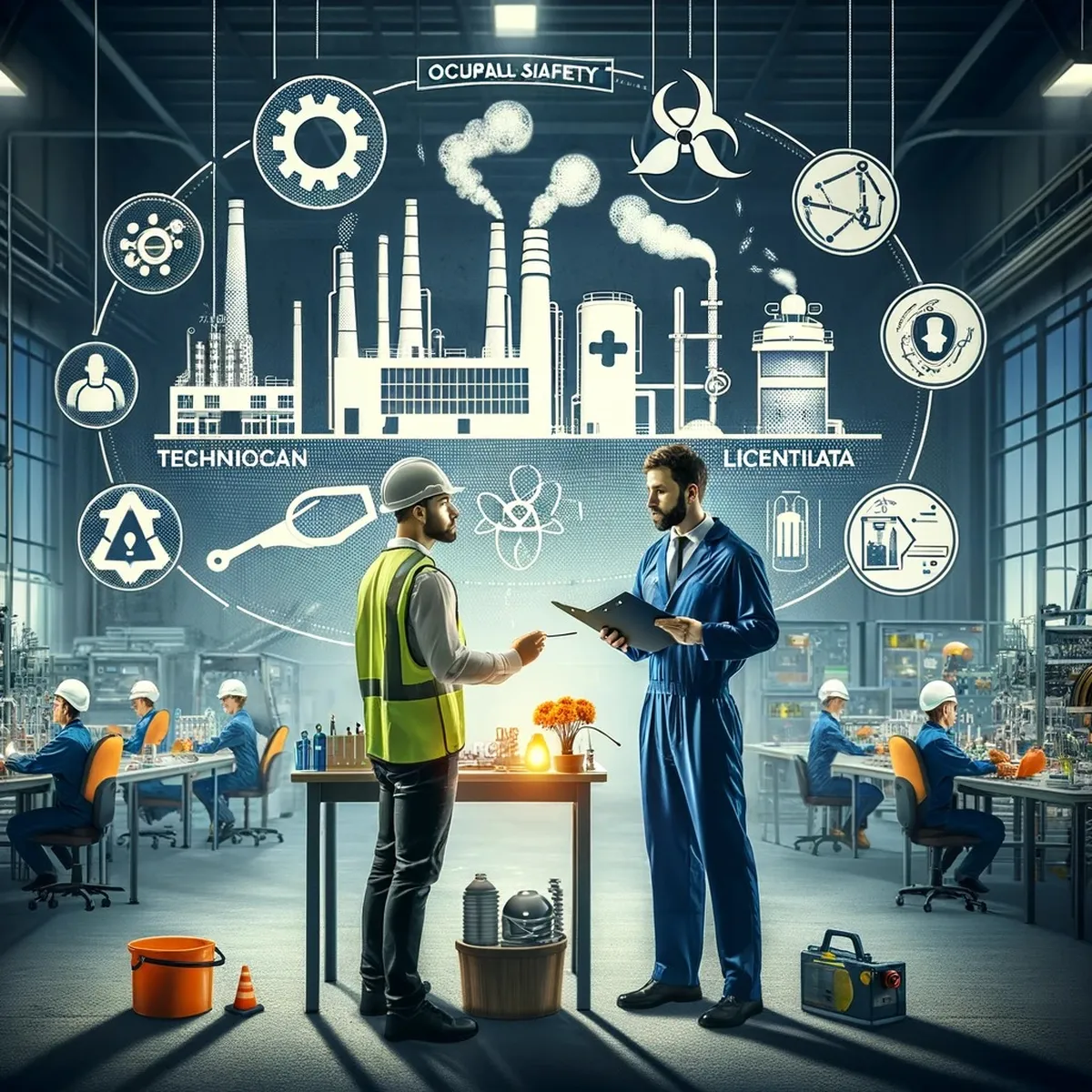 Ilustración de un técnico y un licenciado en seguridad e higiene trabajando en una planta industrial