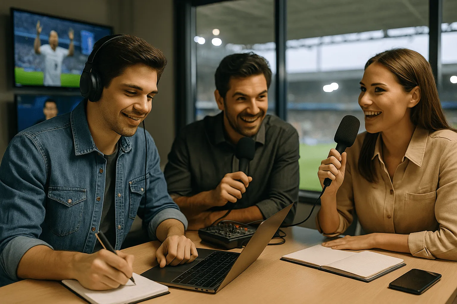 Tres jóvenes periodistas deportivos preparan una transmisión con micrófono y notebook en una cabina de estadio