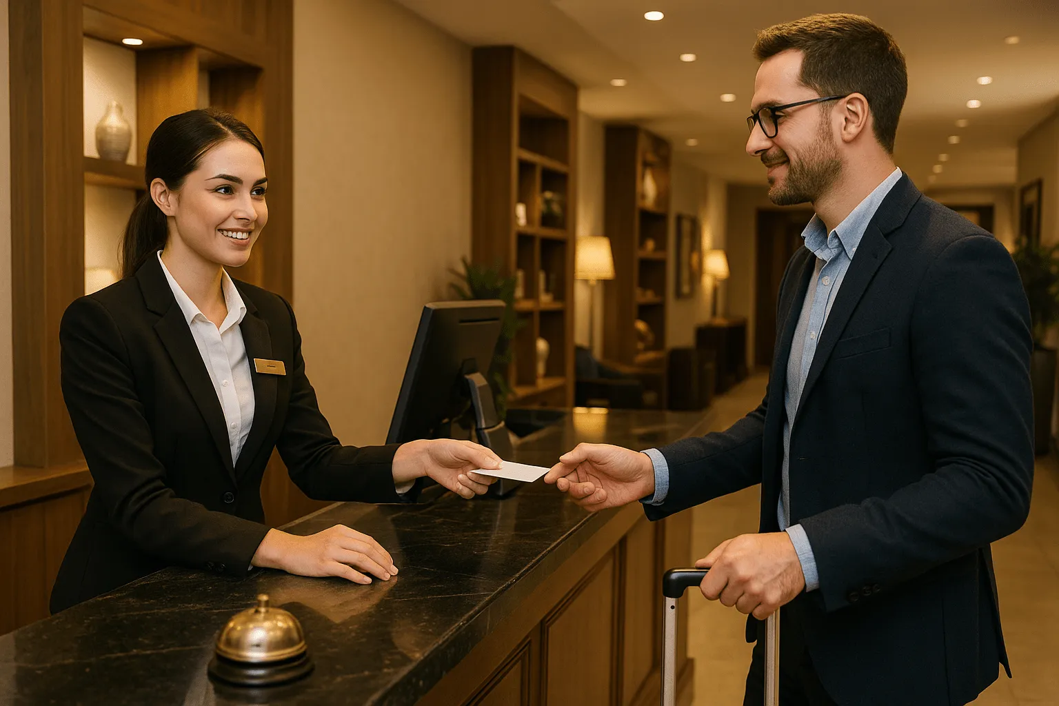 Recepcionista de hotel sonriente entrega la llave a un huésped en el mostrador