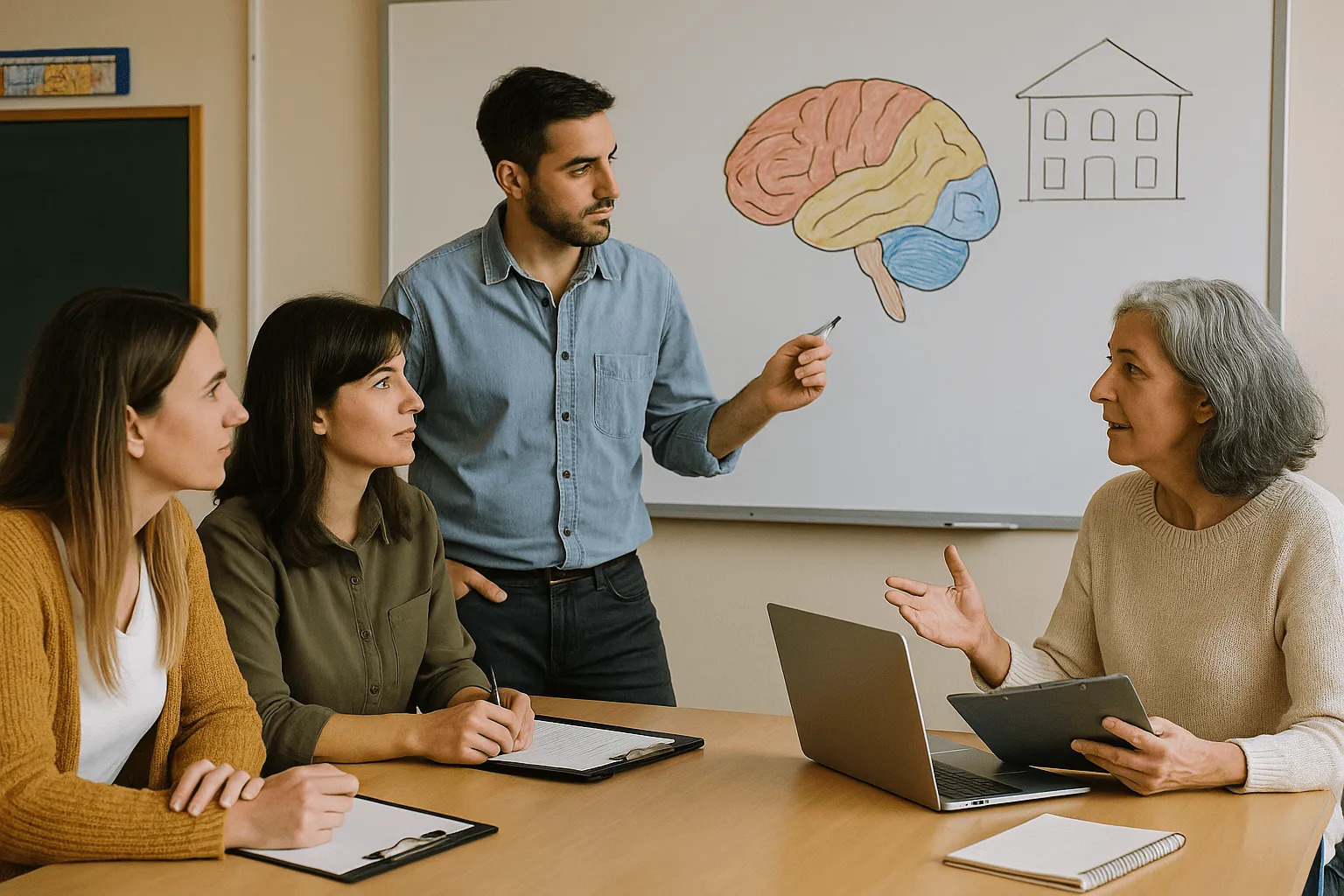 Equipo interdisciplinario de psicopedagogía conversa frente a una pizarra con el dibujo de un cerebro