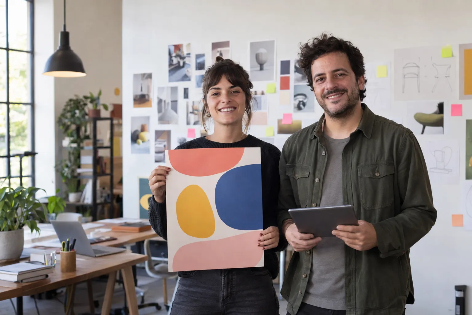 Publicista con el boceto de un afiche y director creativo con una tablet en una agencia de publicidad con bocetos en la pared