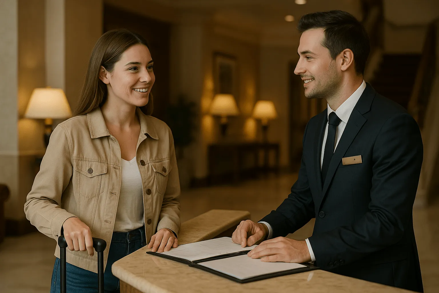 Recepcionista de hotel atiende sonriente a una huésped en el mostrador