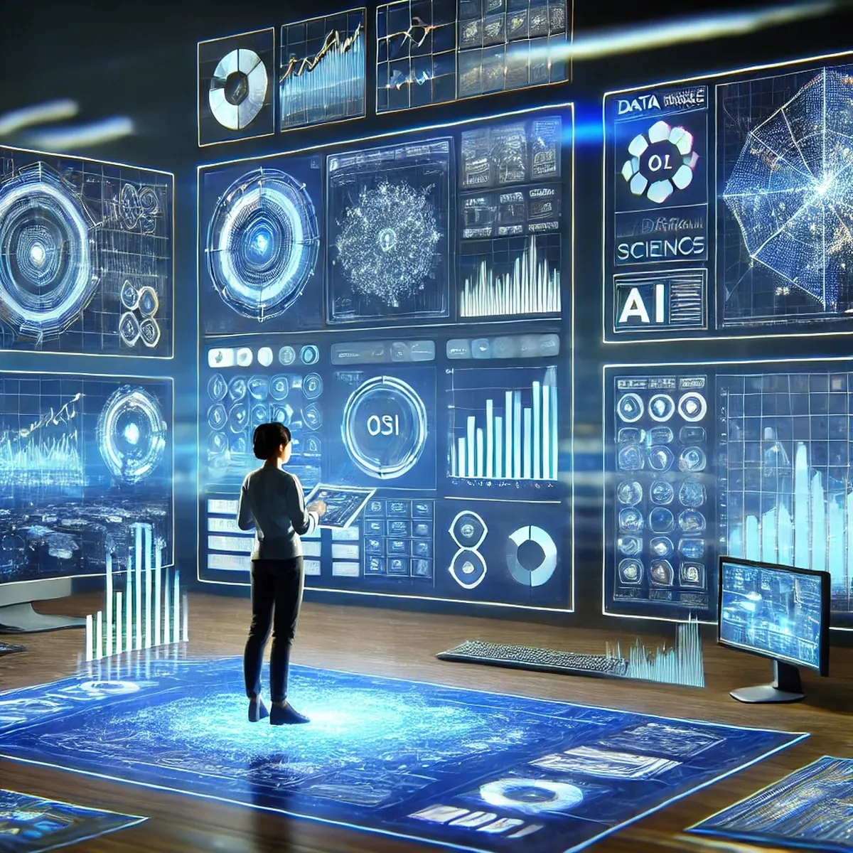 Ilustración de una persona frente a grandes pantallas con datos, gráficos e inteligencia artificial