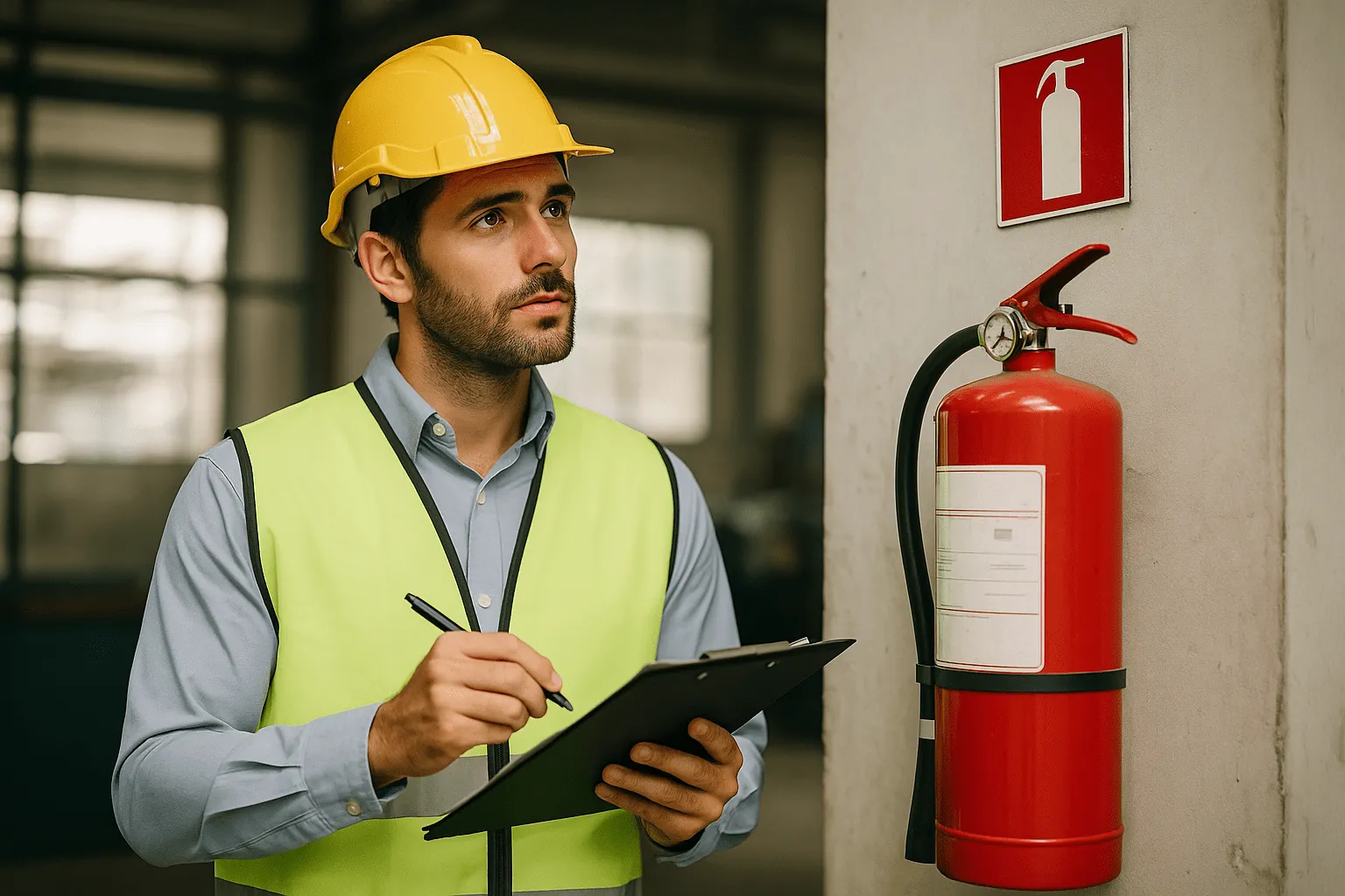 Técnico en seguridad e higiene con casco y chaleco controla un matafuegos con un portapapeles