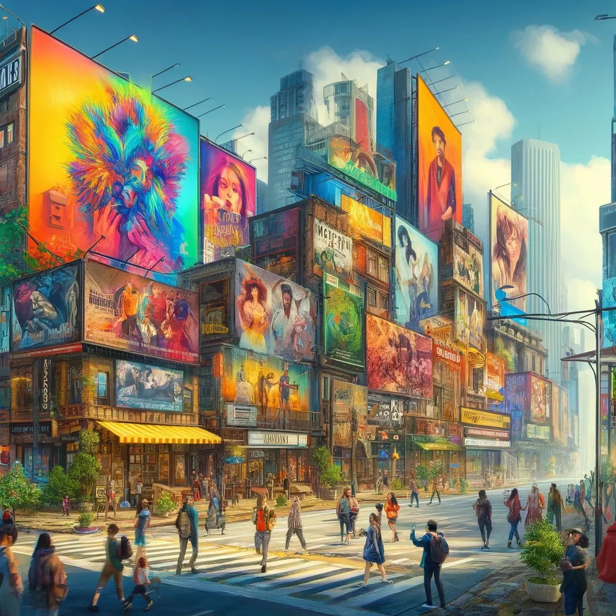 Ilustración de una calle llena de carteles publicitarios coloridos y gente caminando