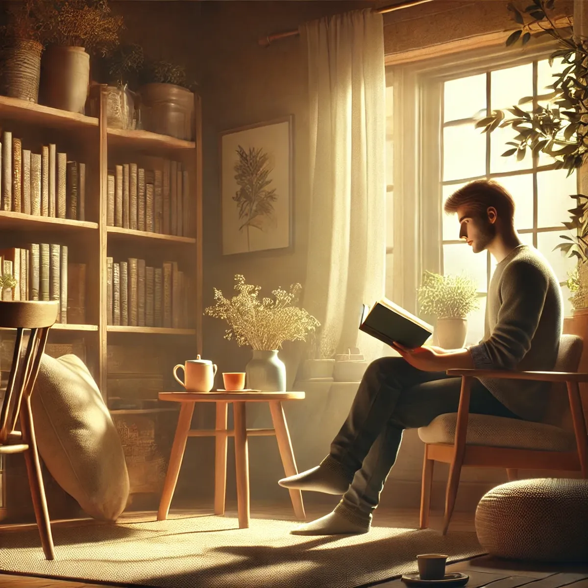 Joven lee un libro junto a la ventana en un living cálido con biblioteca