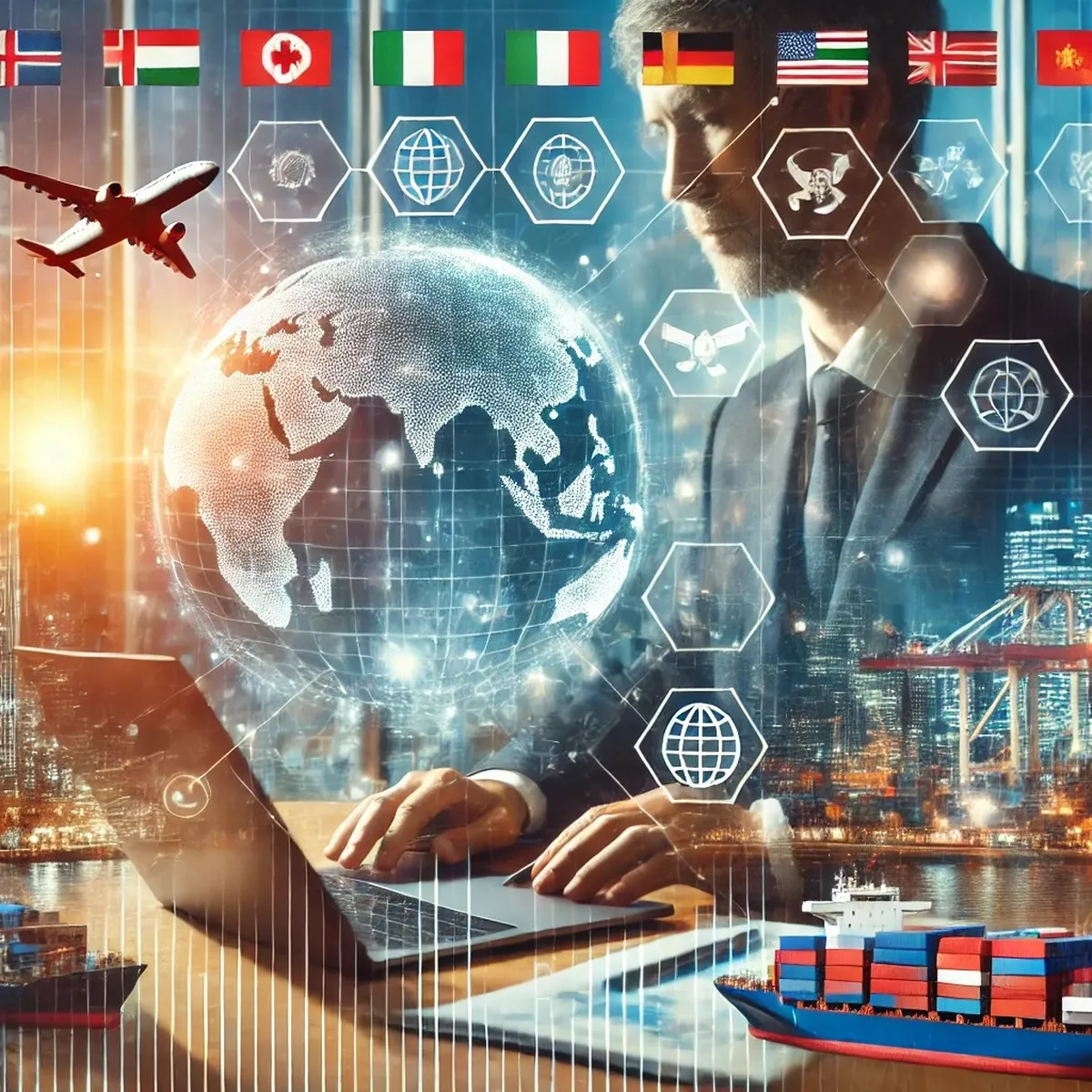 Ilustración de un profesional de comercio internacional con una notebook frente a un globo terráqueo y un buque