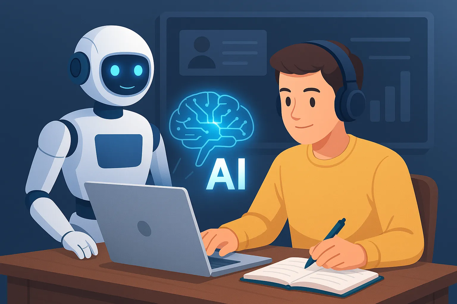 Ilustración de un estudiante que aprende con su notebook junto a un robot de inteligencia artificial