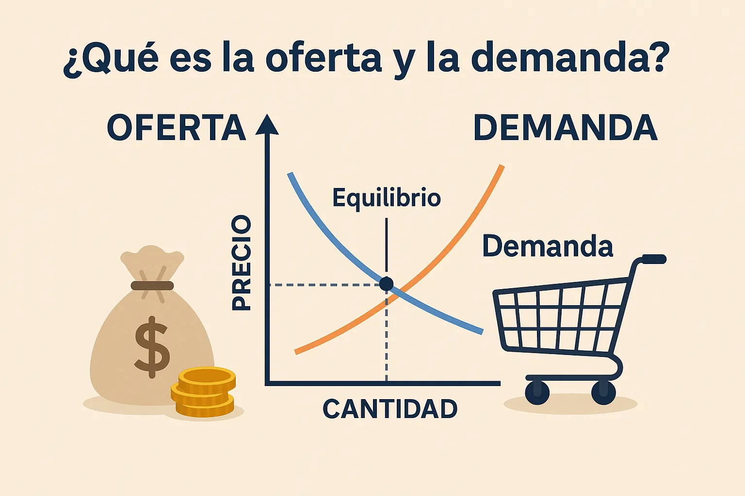 Gráfico de oferta y demanda con las curvas, el punto de equilibrio, una bolsa de dinero y un carrito de compras
