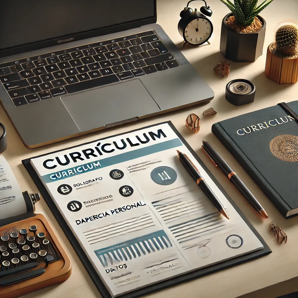 Currículum impreso sobre un escritorio con una notebook, una lapicera y una agenda
