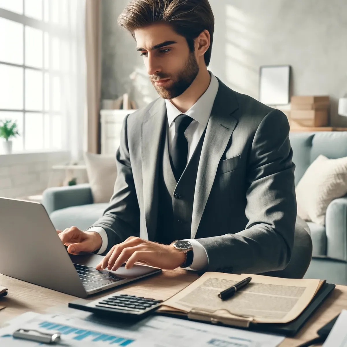 Profesional trabaja desde el living de su casa con una notebook y documentos