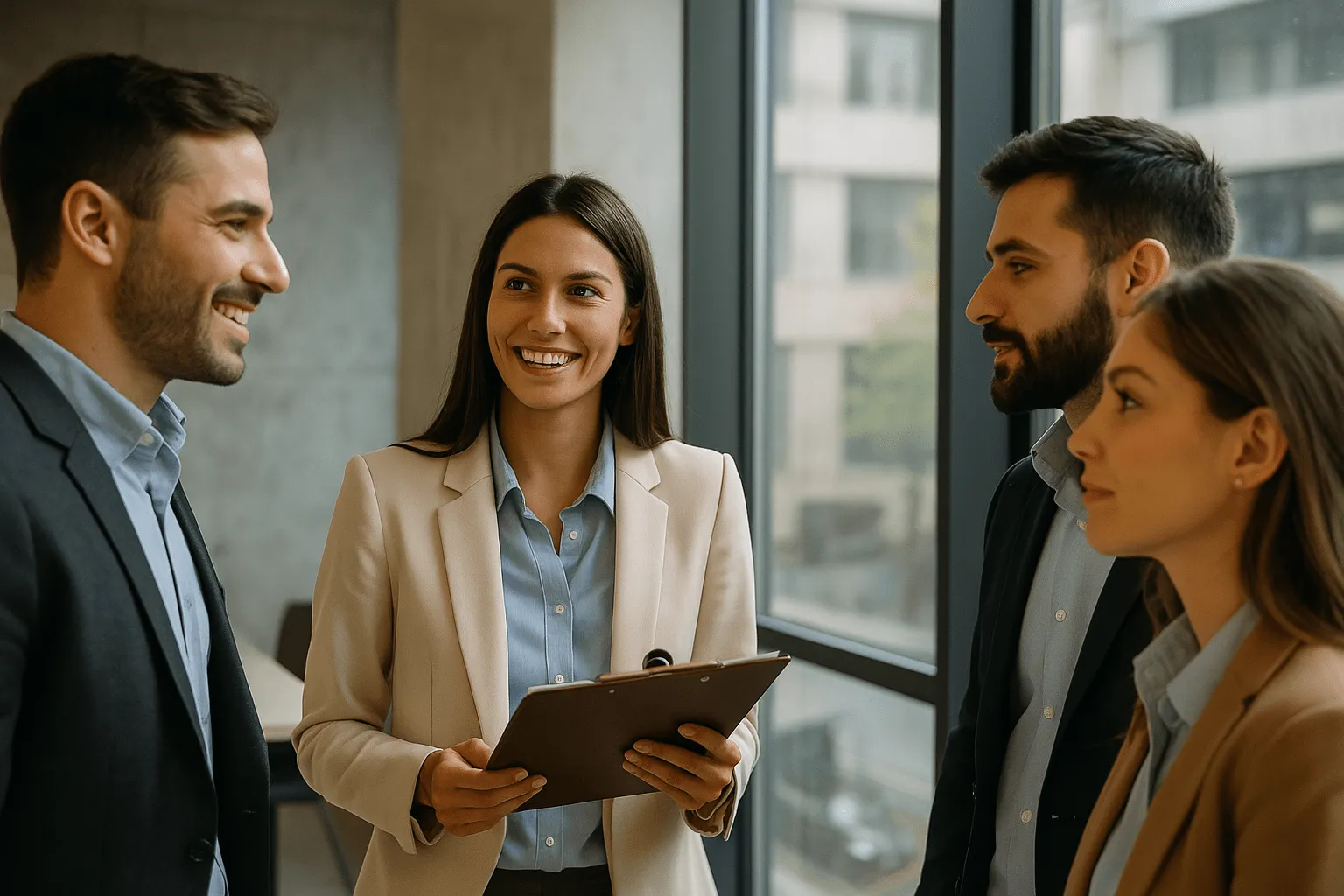 Graduados en Administración de Empresas conversan con una carpeta en una oficina luminosa