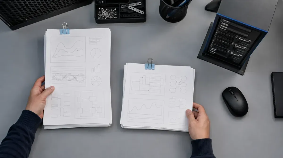 Manos comparando pilas de hojas con gráficos en blanco de distinta altura junto a una maqueta de rack de servidores