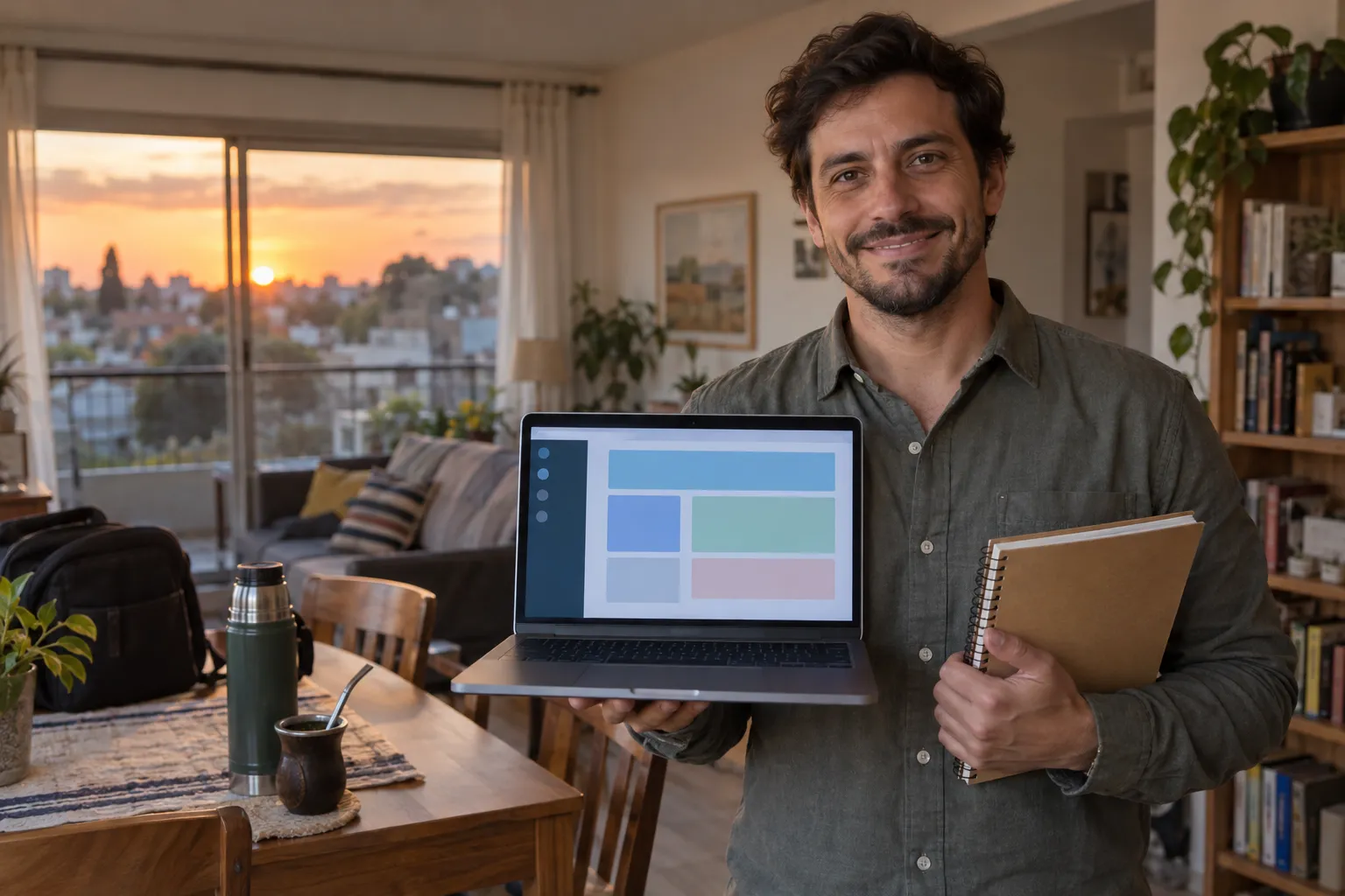 Hombre adulto sonriente con su notebook y un cuaderno en el living de su casa, con un mate y una mochila en la mesa, listo para terminar la secundaria