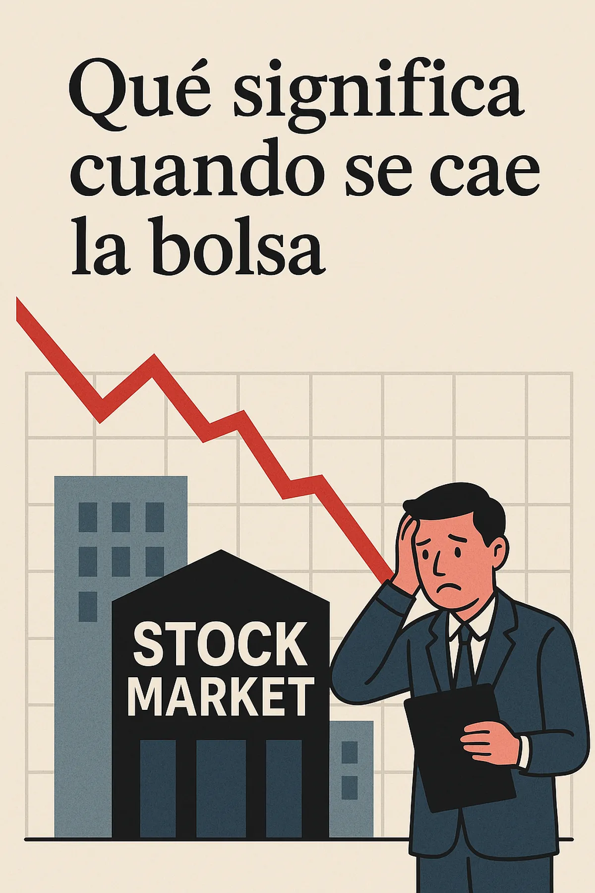 Ilustración de un inversor preocupado frente a un gráfico en caída sobre la bolsa de valores