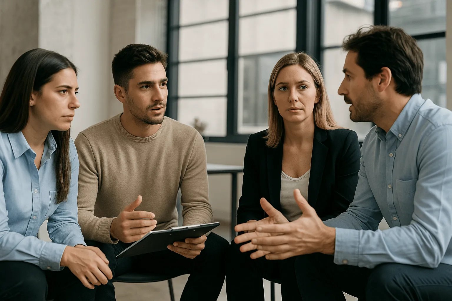 Equipo de recursos humanos conversa en ronda durante una reunión