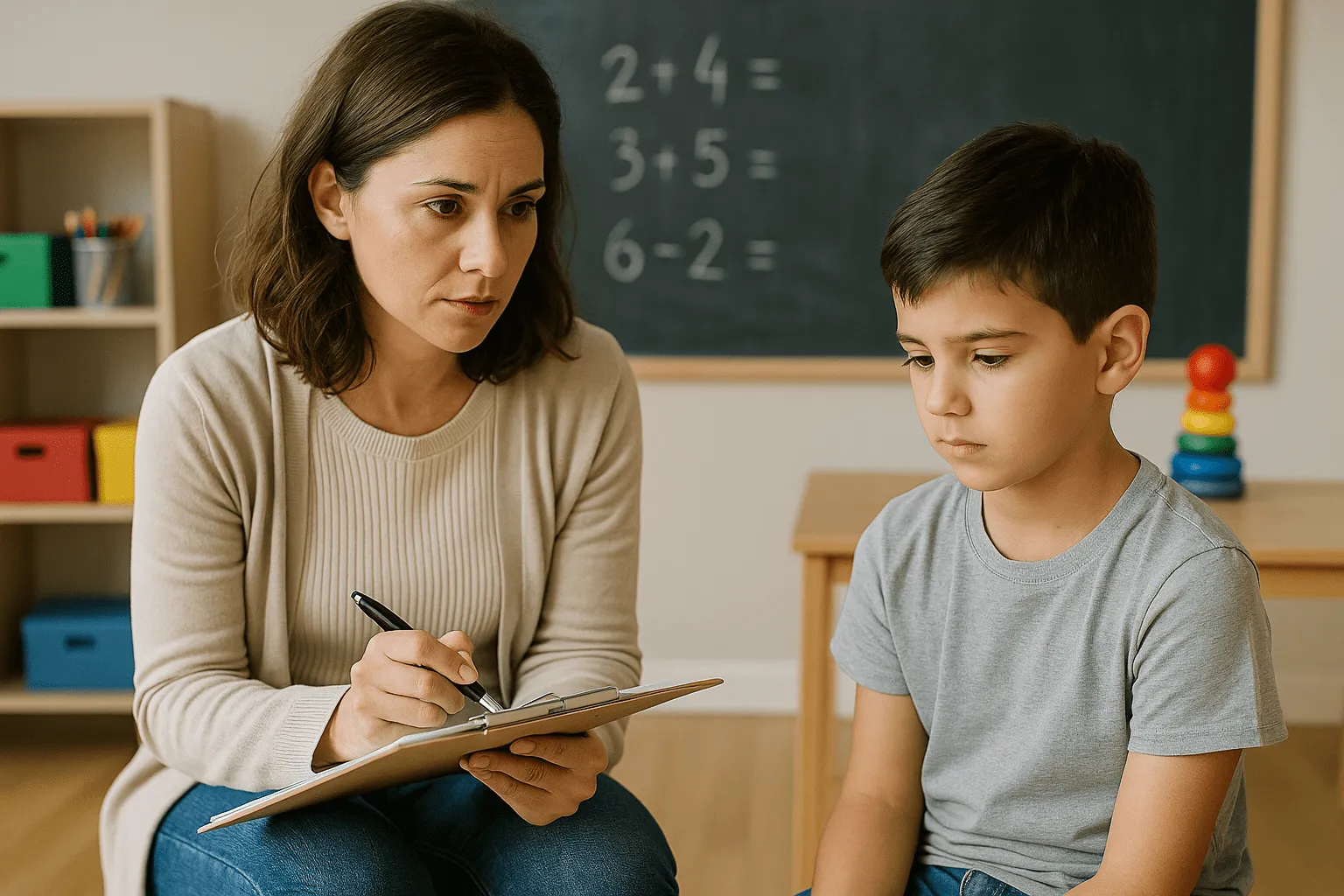 Psicopedagoga toma notas mientras trabaja con un chico frente a un pizarrón